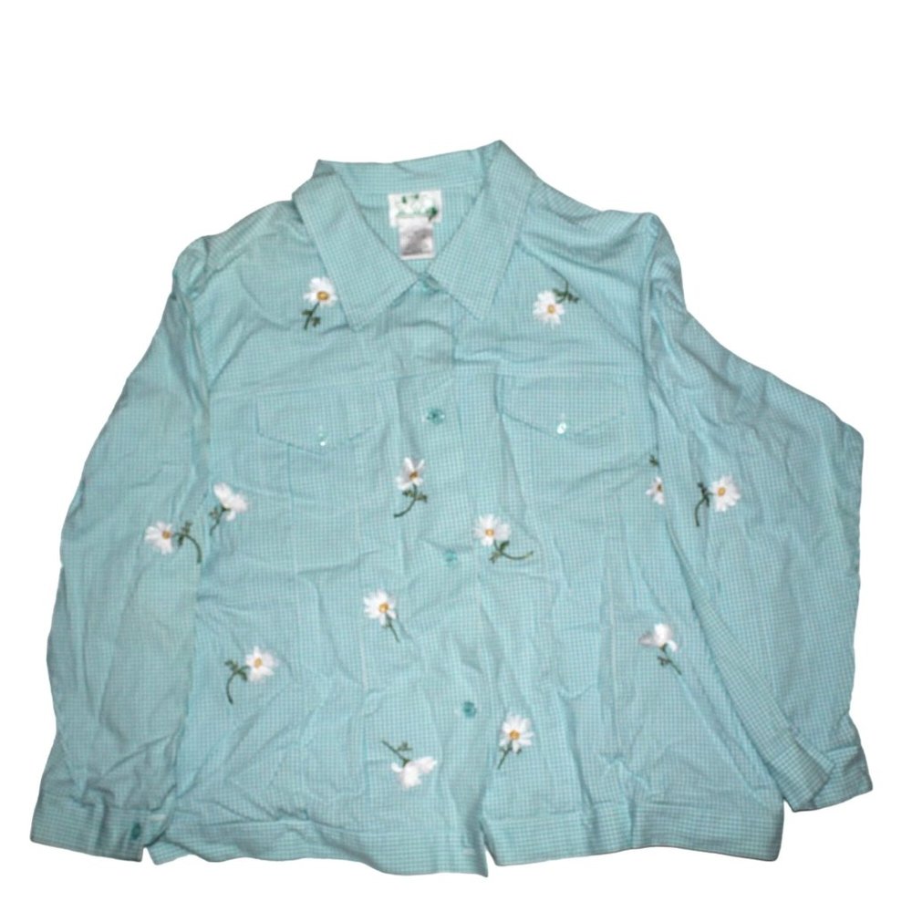 VTG Womens Sz 2X Quacker Factory Blue Gingham Embroidered Floral Daisies Jacket - Picture 1 of 10